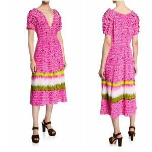 Tanya Taylor Women's Pink Silk Luciana Print Ruffle Midi Dress Size 8